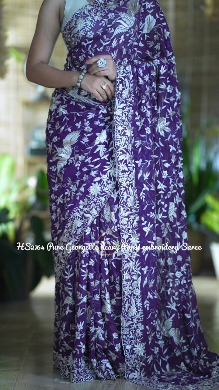 Purple Parsi inspired Saree gorgette saree