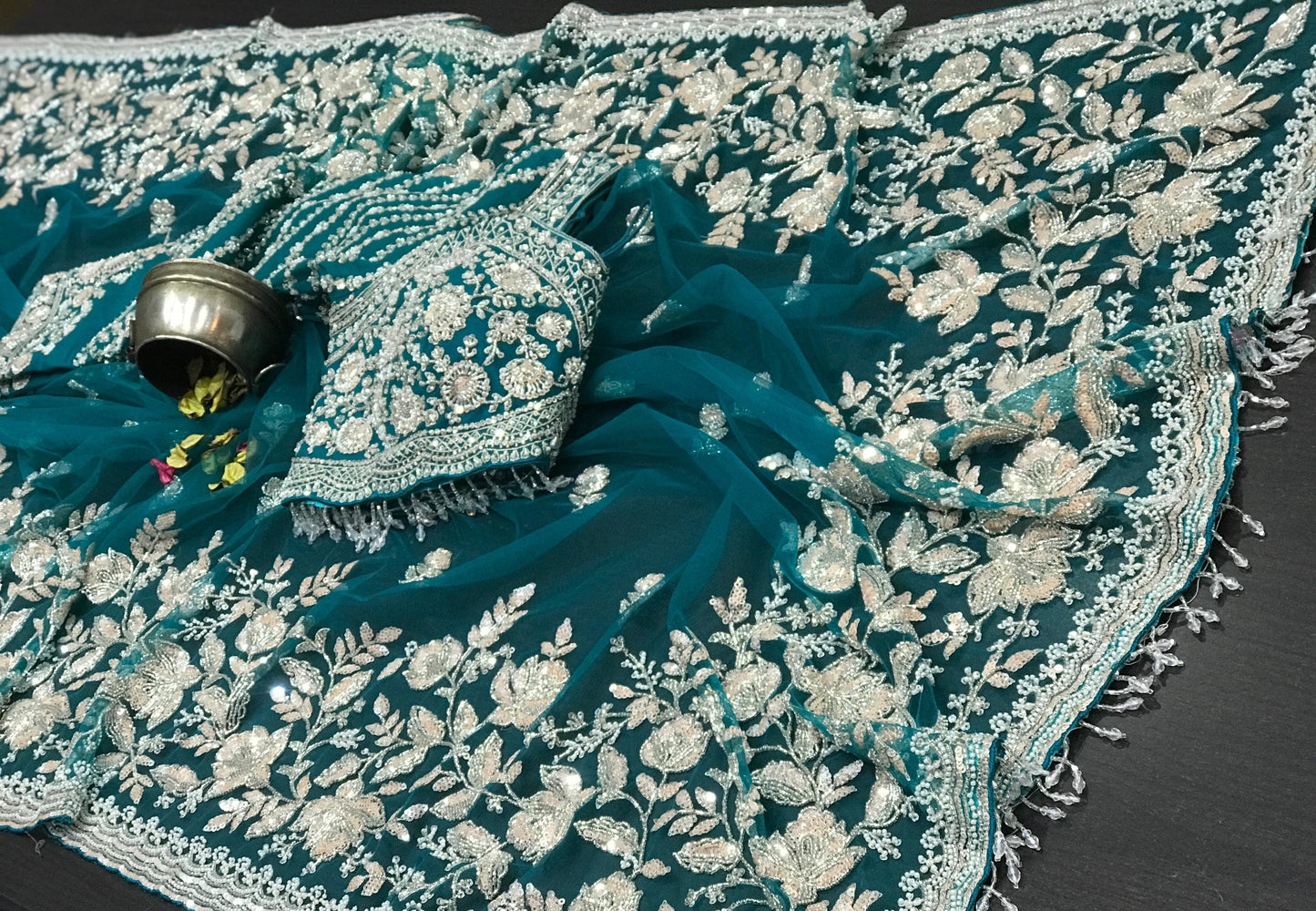 Net designer saree Indian wedding sari blouse women sarees