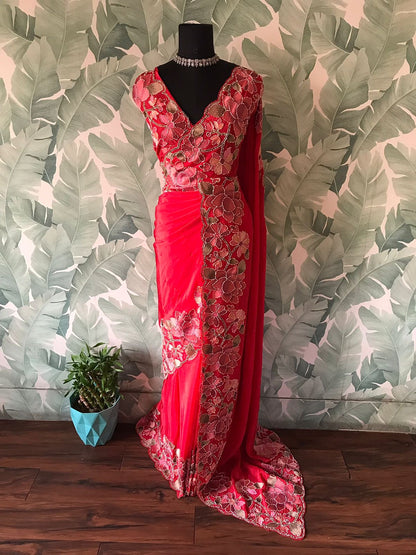 Red premium saree organza saree floral sari blouse women sarees