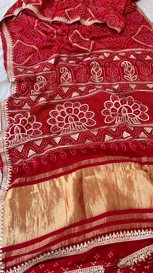 Red Bandhani Gajji silk saree Indian traditional silk sarees