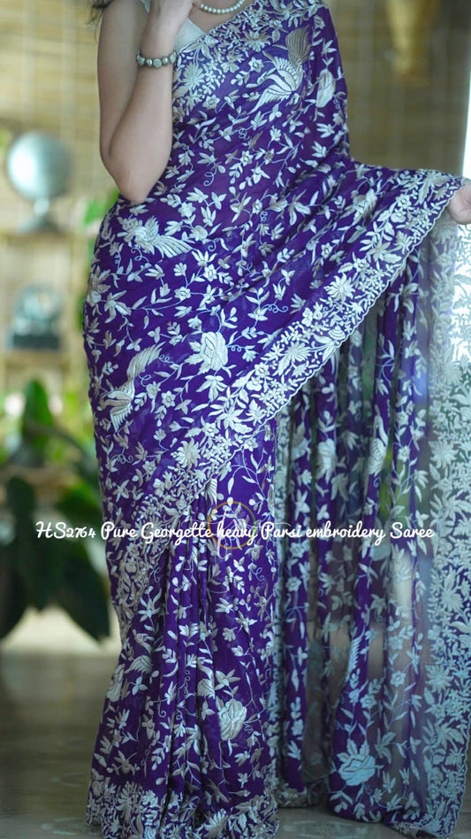 Purple Parsi inspired Saree gorgette saree
