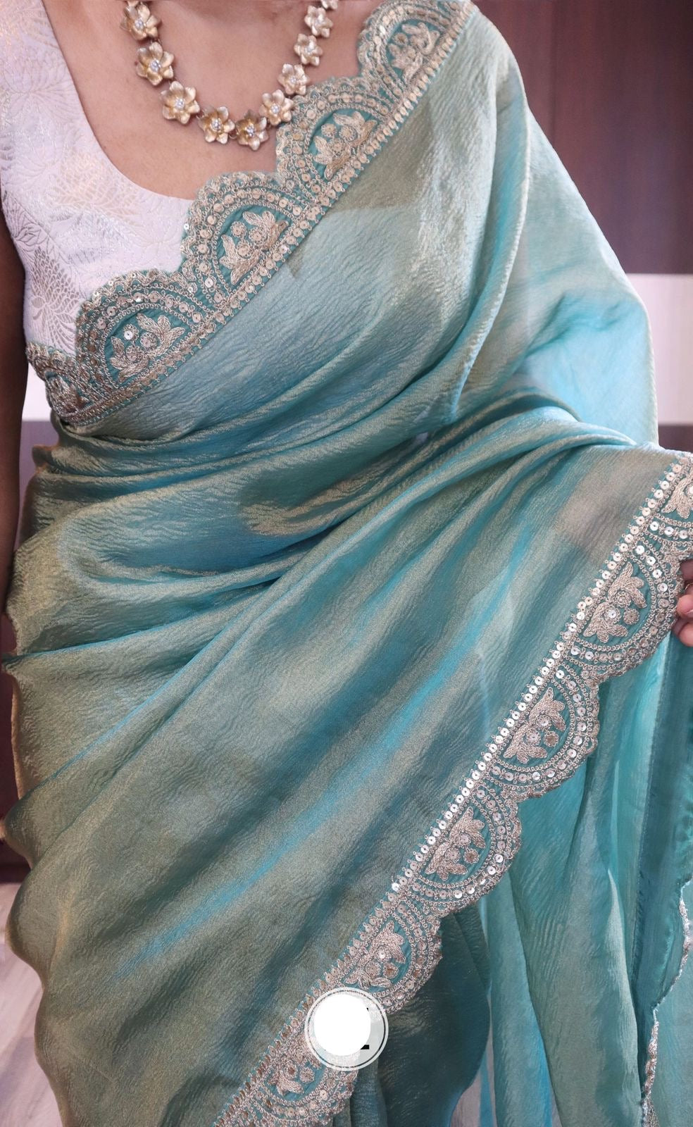 Blue Banarsi Saree Crushed Tissue Indian Partywear Sarees