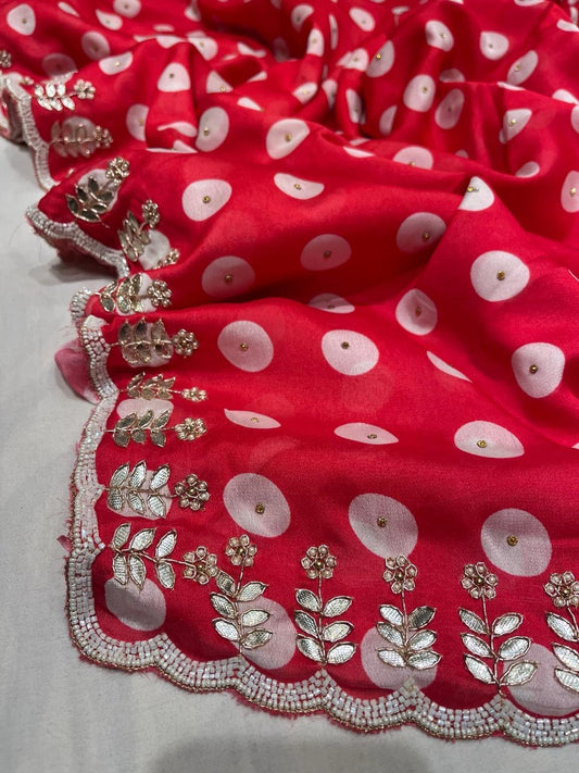 Red Polka dot Crepe Embroidered Saree