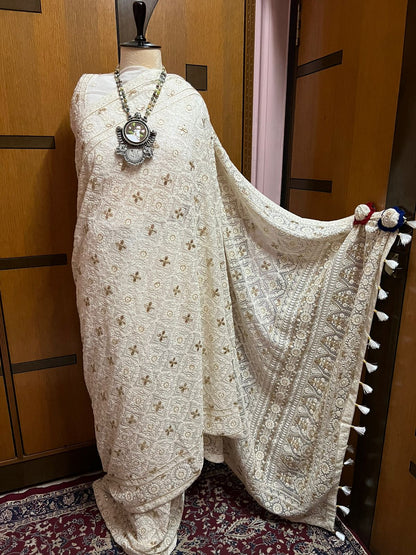 White Chikankari Gottapatti saree Gorgette Saree