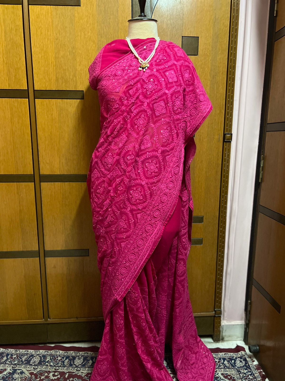 Hot Pink Chikankari Saree Georgette Saree Women Chikankari Sari