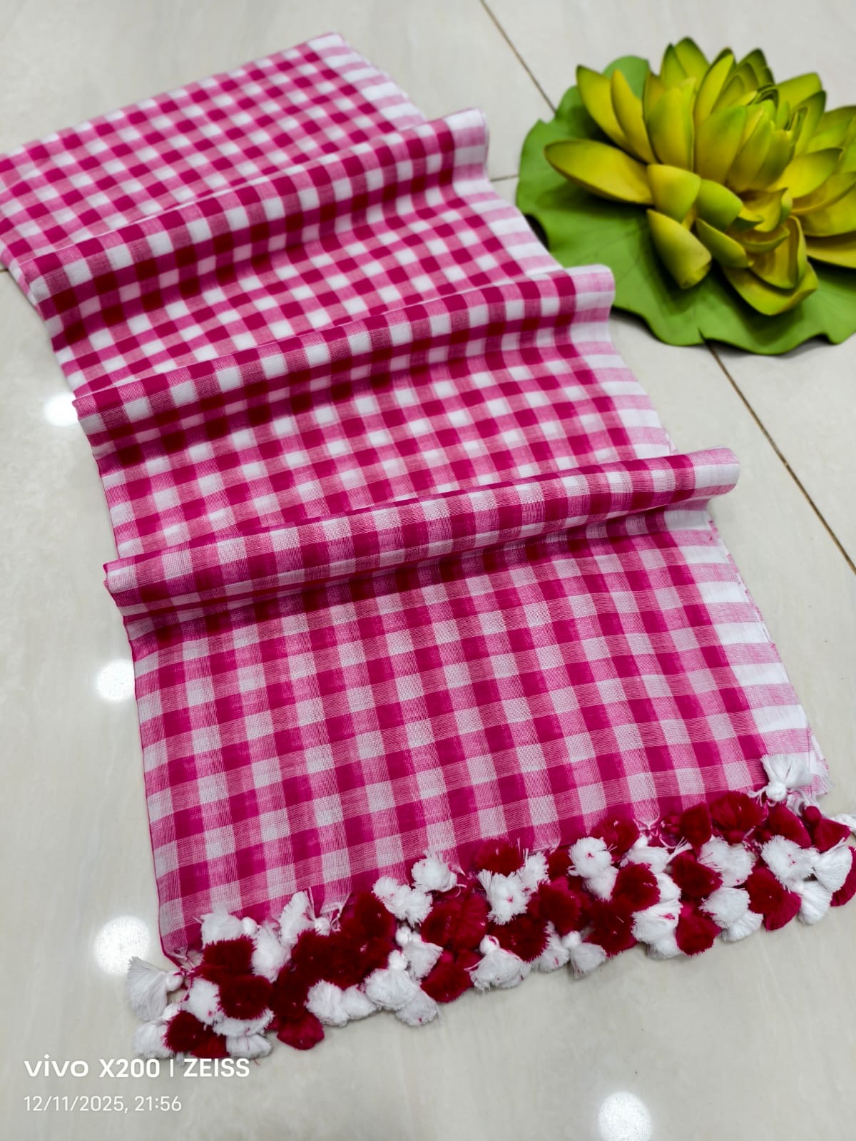 Check cotton saree Indian sarees blouse handmade cotton saree wid tassel