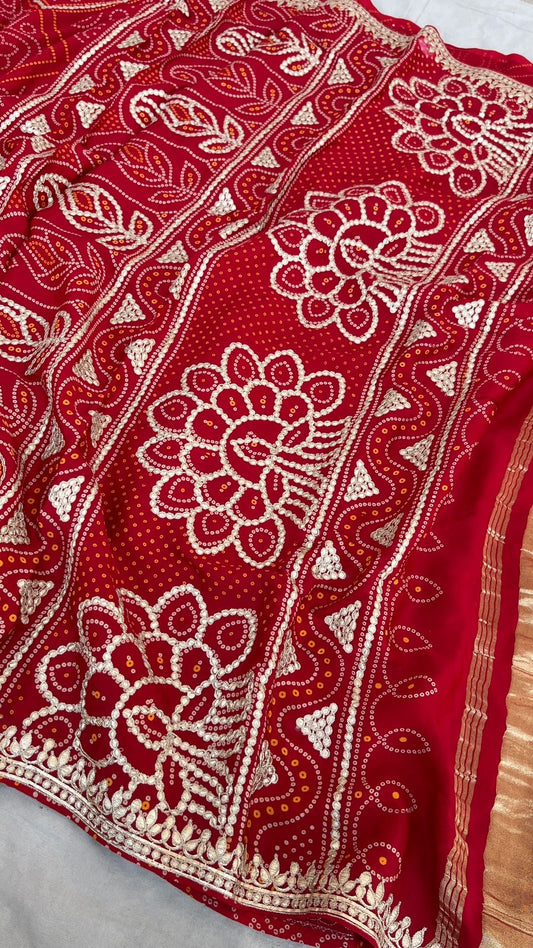 Red Bandhani Gajji silk saree Indian traditional silk sarees