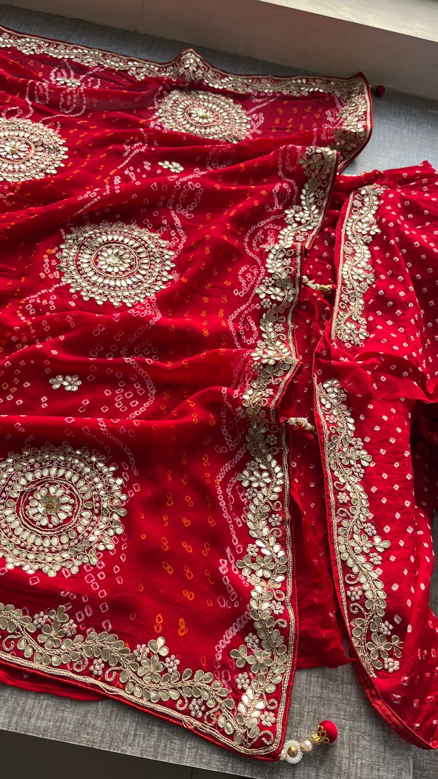 Bridal crepe bandhej saree zardosi sarees blouse