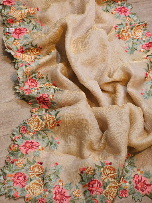 Crushed organza Wmbroidwred Tissue Saree cutwork sari