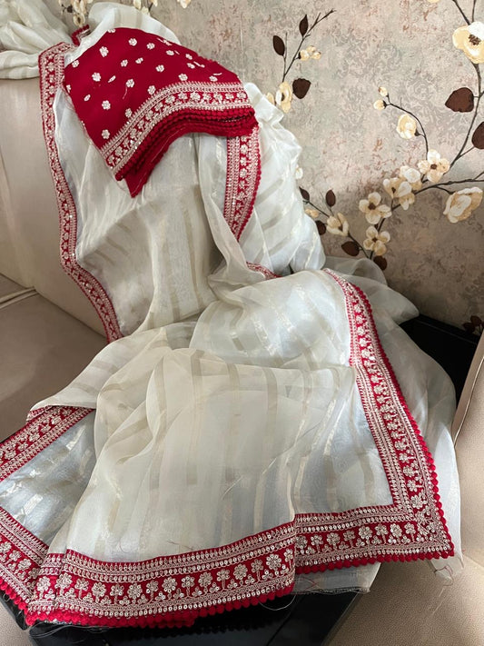 White organza weaved saree women saree blouse trendy sari