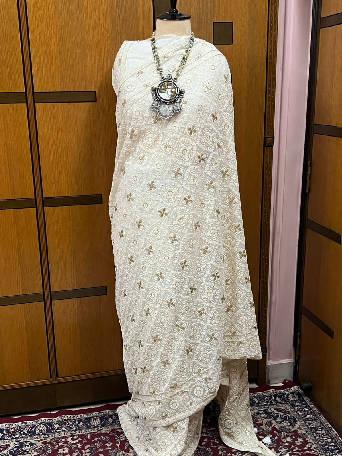 White Chikankari Gottapatti Gorgette Saree