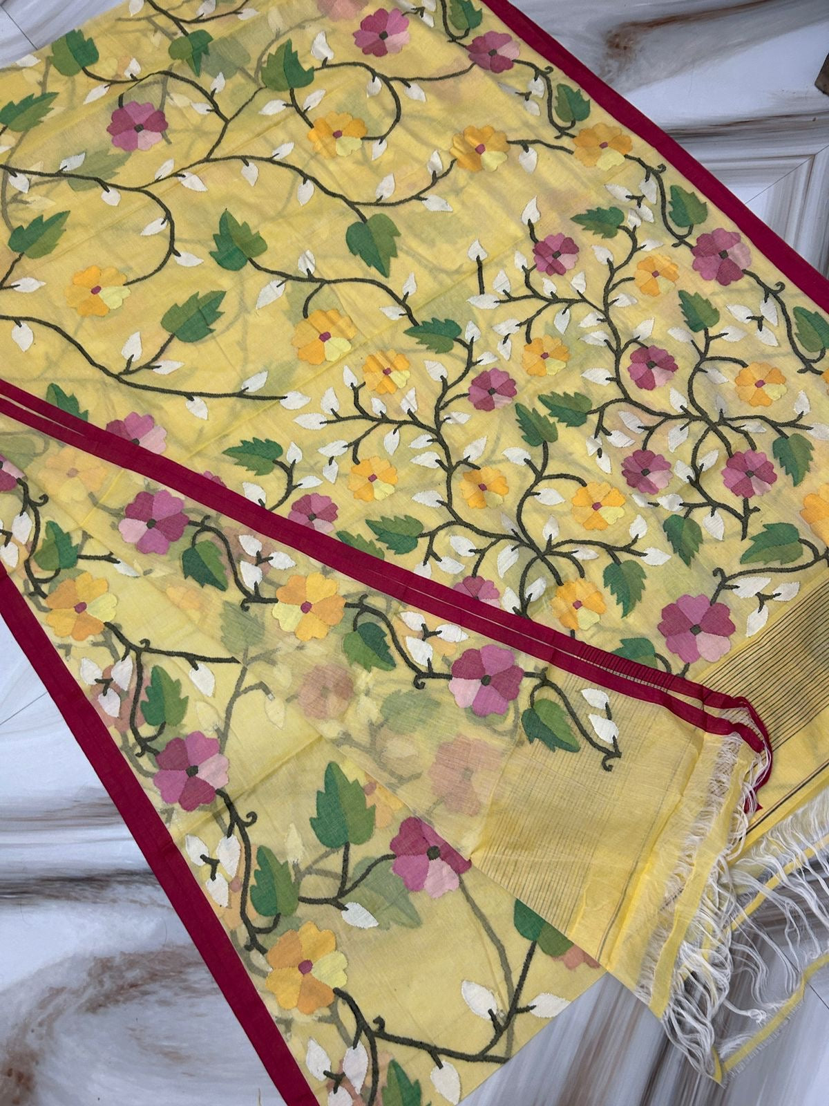 Yellow Tantuj Jamdani saree indism sarees blouse