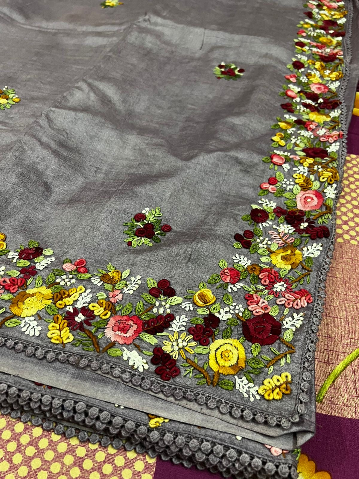 Lavender tussar saree French knot sarees hand embroidered sarees blouse