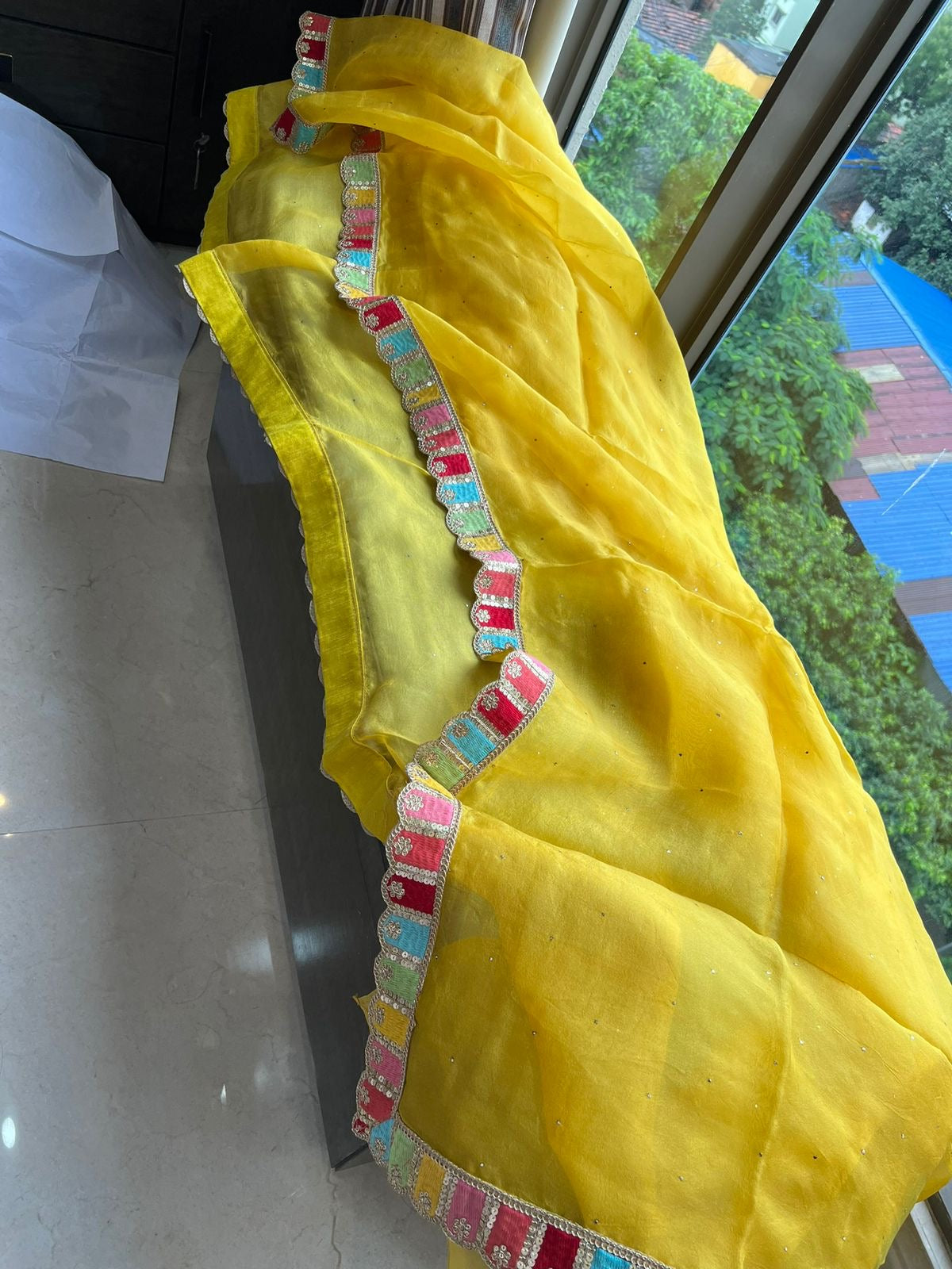 Yellow elegant organza saree bordered saree