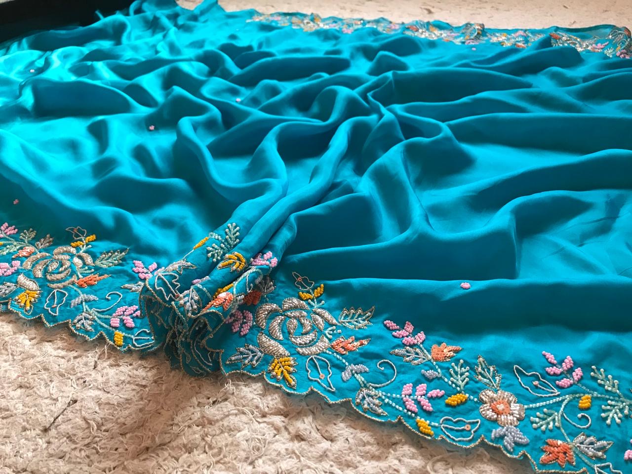 Blue Satin Silk Saree Luxury Organza Sarees