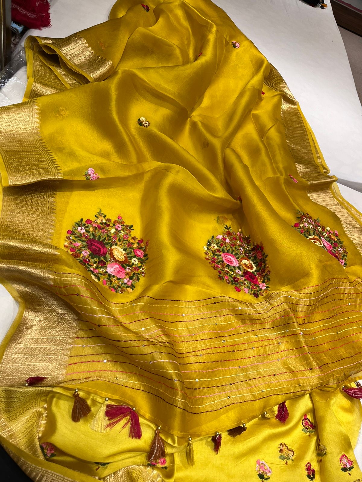 French knot saree organza border saree