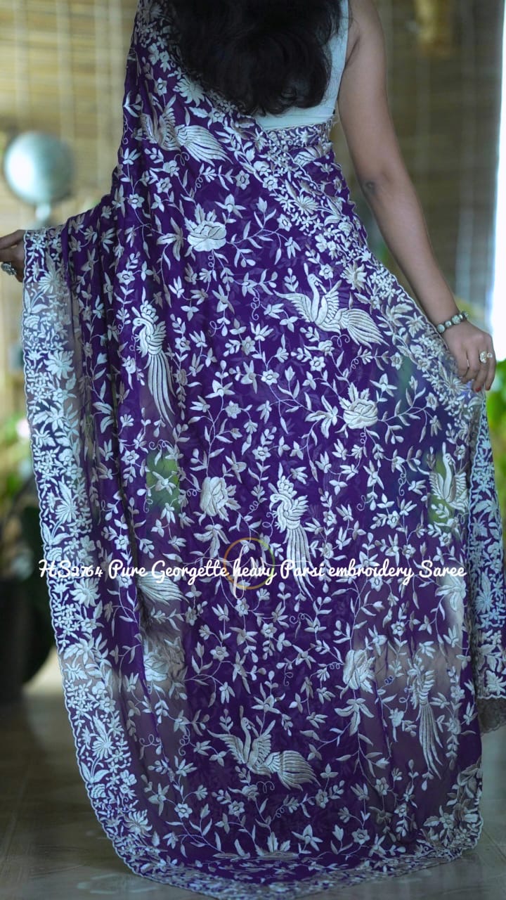 Purple Parsi inspired Saree gorgette saree