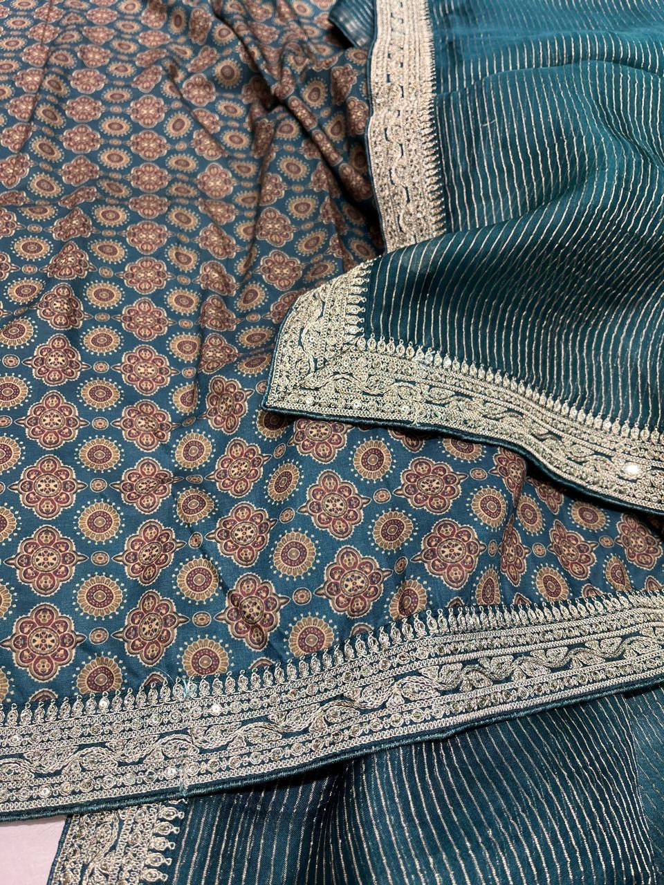 Ajrakh inspired Organza saree Striped Saree Partywear Sari