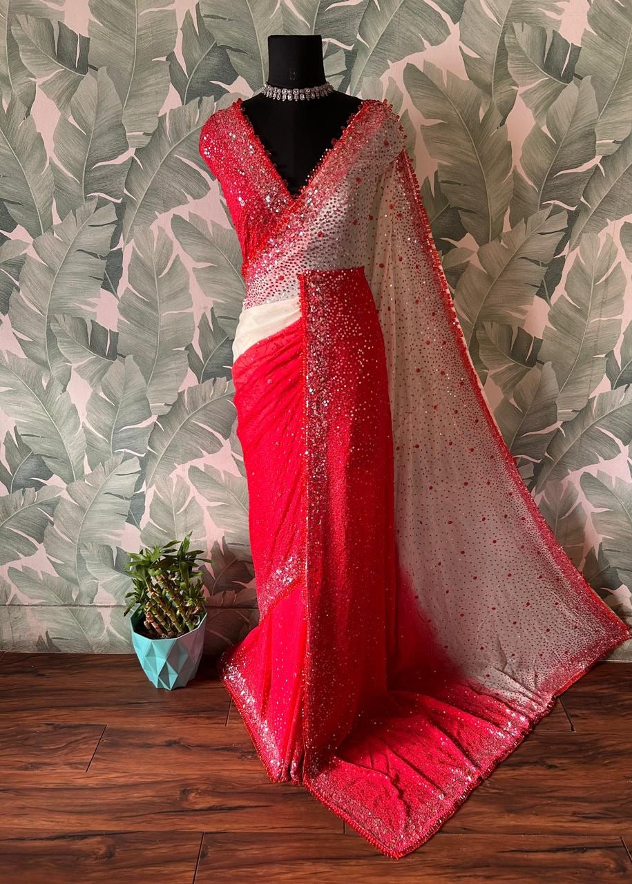 Shaded premium saree gorgette silk sarees blouse Indian Partywear sari