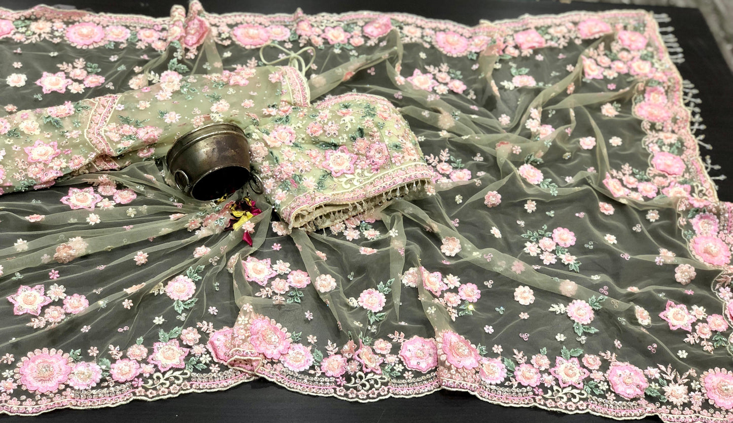 Designer inspired saree net saree floral heavy embroidery sarees blouse