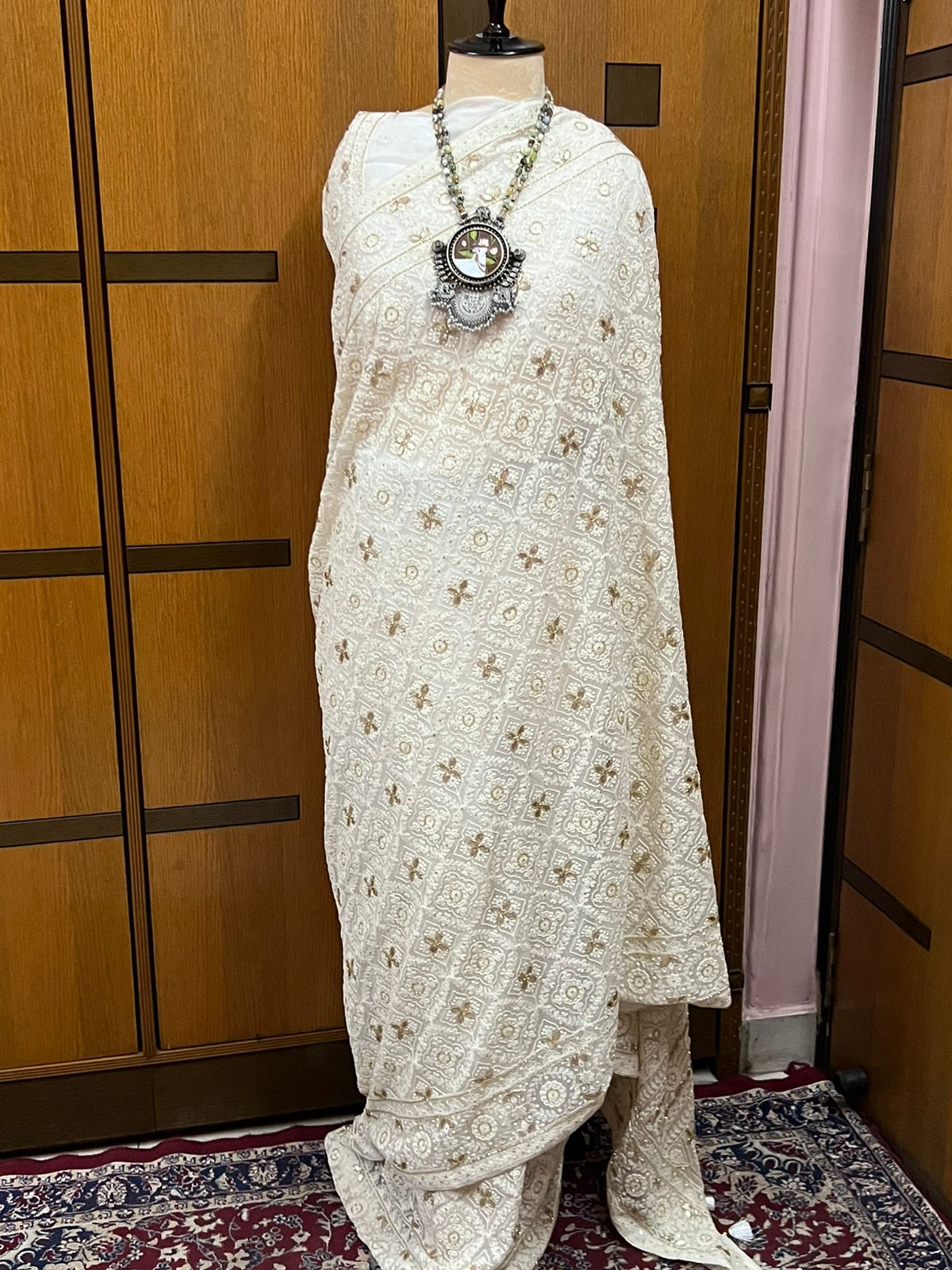 White Chikankari Gottapatti Gorgette Saree