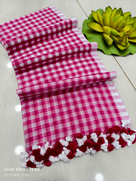 Check cotton saree Indian sarees blouse handmade cotton saree wid tassel