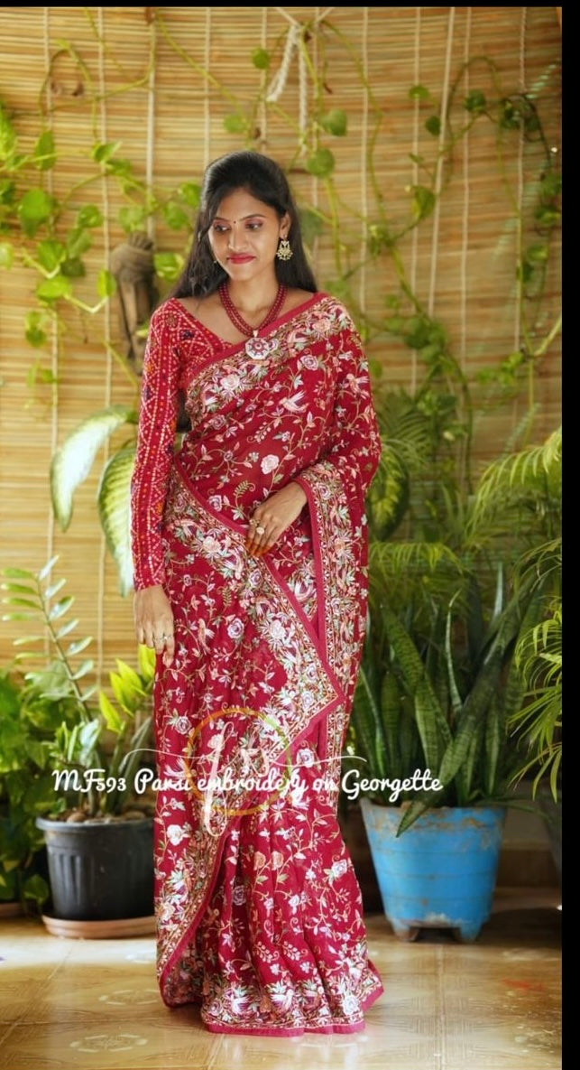 Leela Red Parsi Inspired Saree Embroiderr Sarees