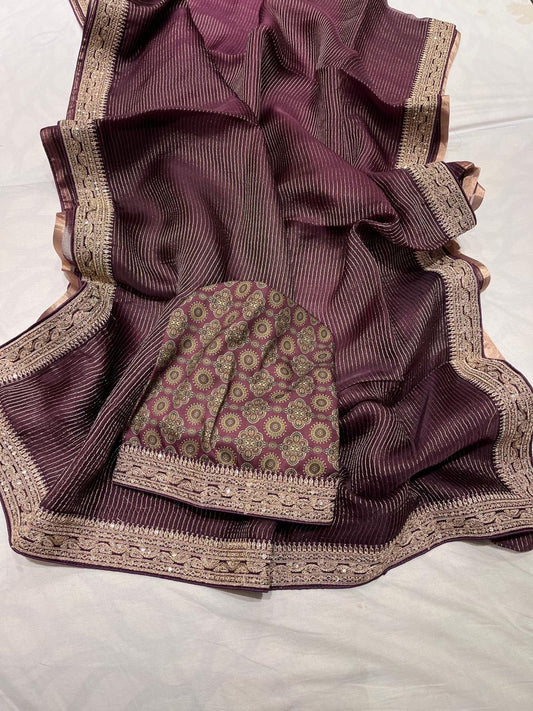 Ajrakh inspired Organza saree Striped Saree Partywear Sari