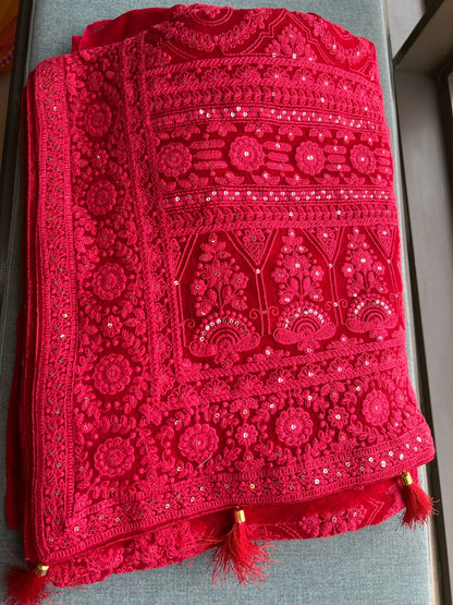 Red Chikankari saree Indian saree blouse Gorgette sari