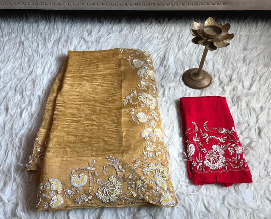 Premium gold saree tissue saree organza sari