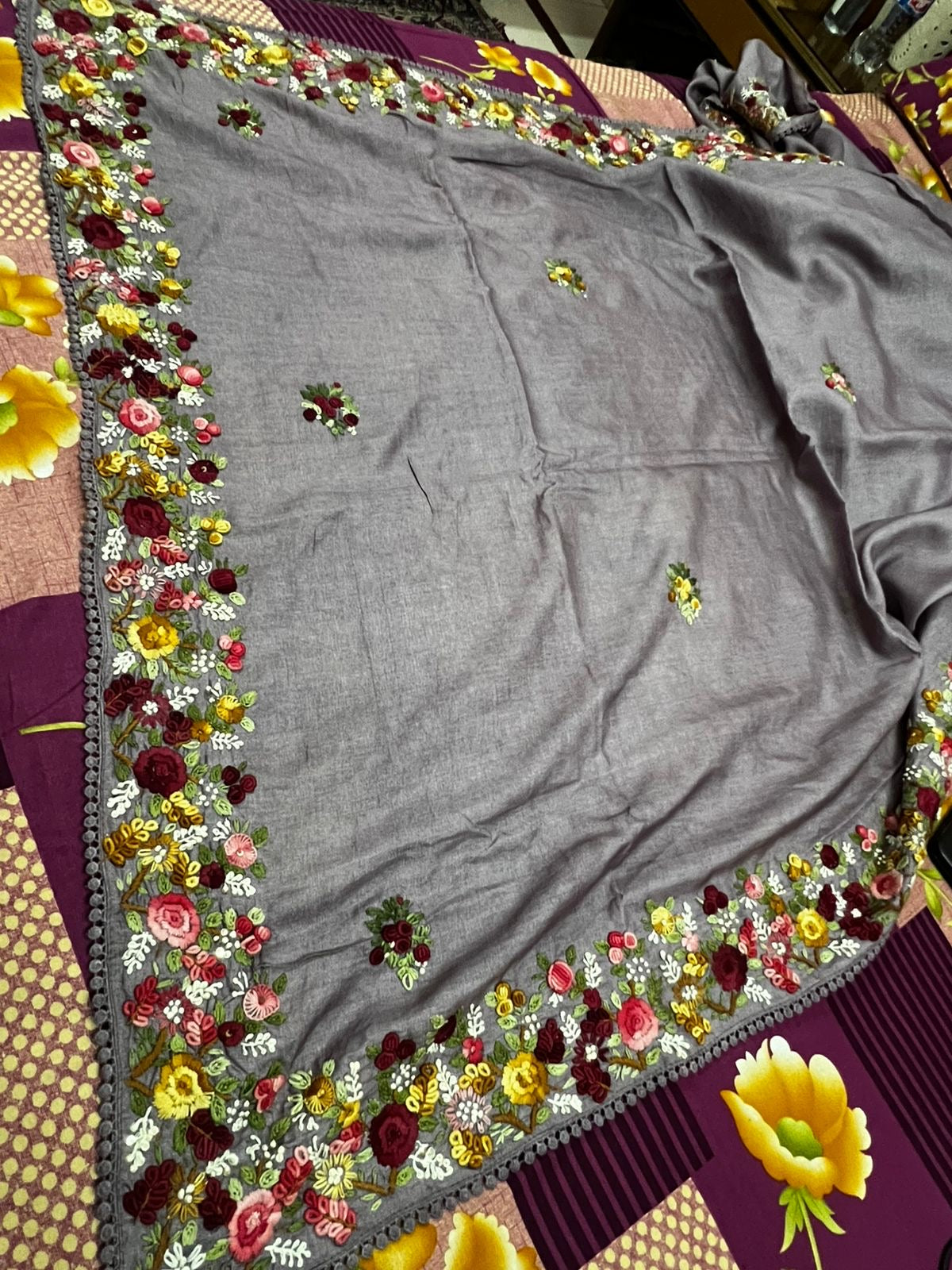 Lavender tussar saree French knot sarees hand embroidered sarees blouse