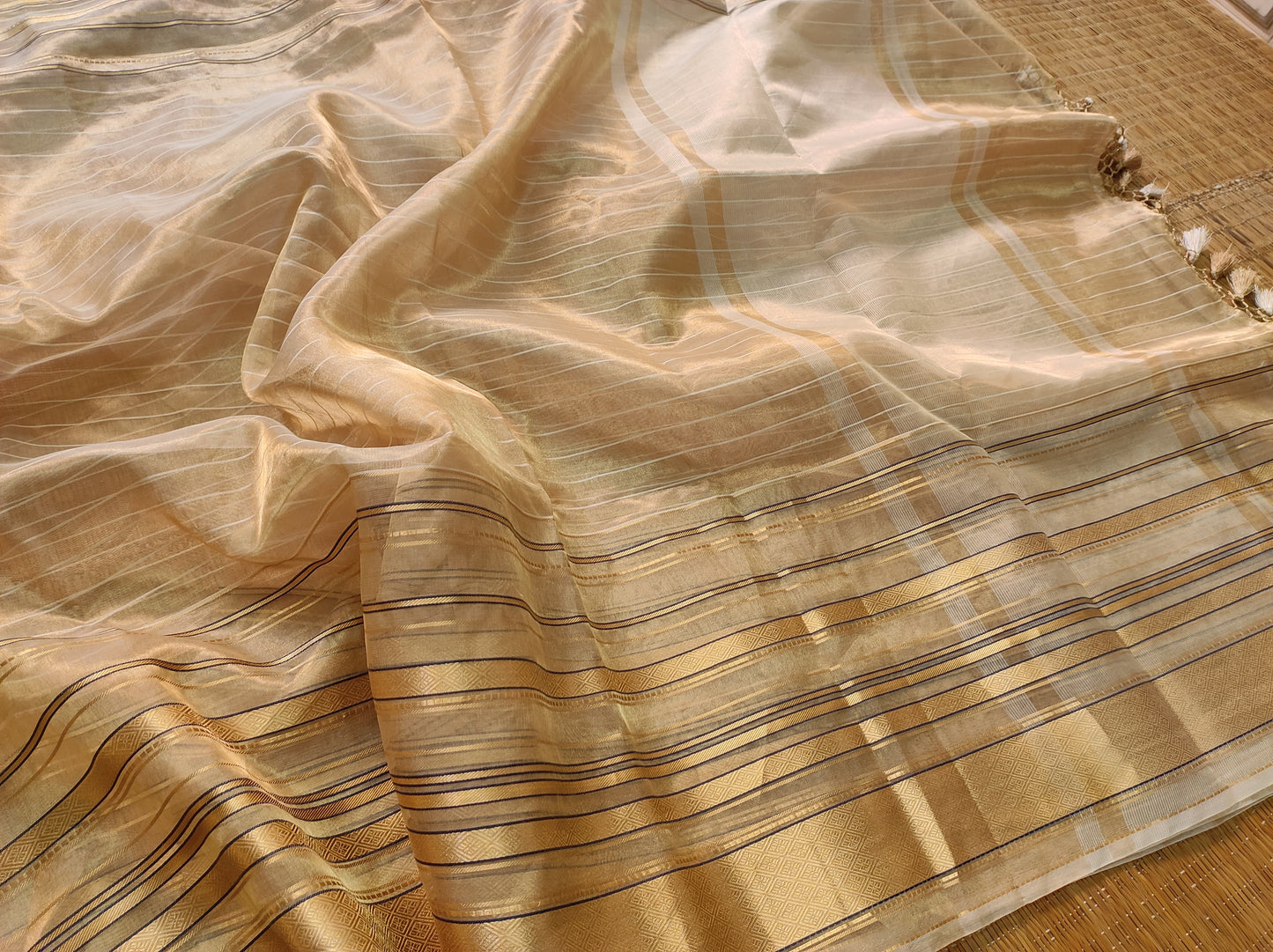 Tissue silk Striped Saree Organza Tassel Saree