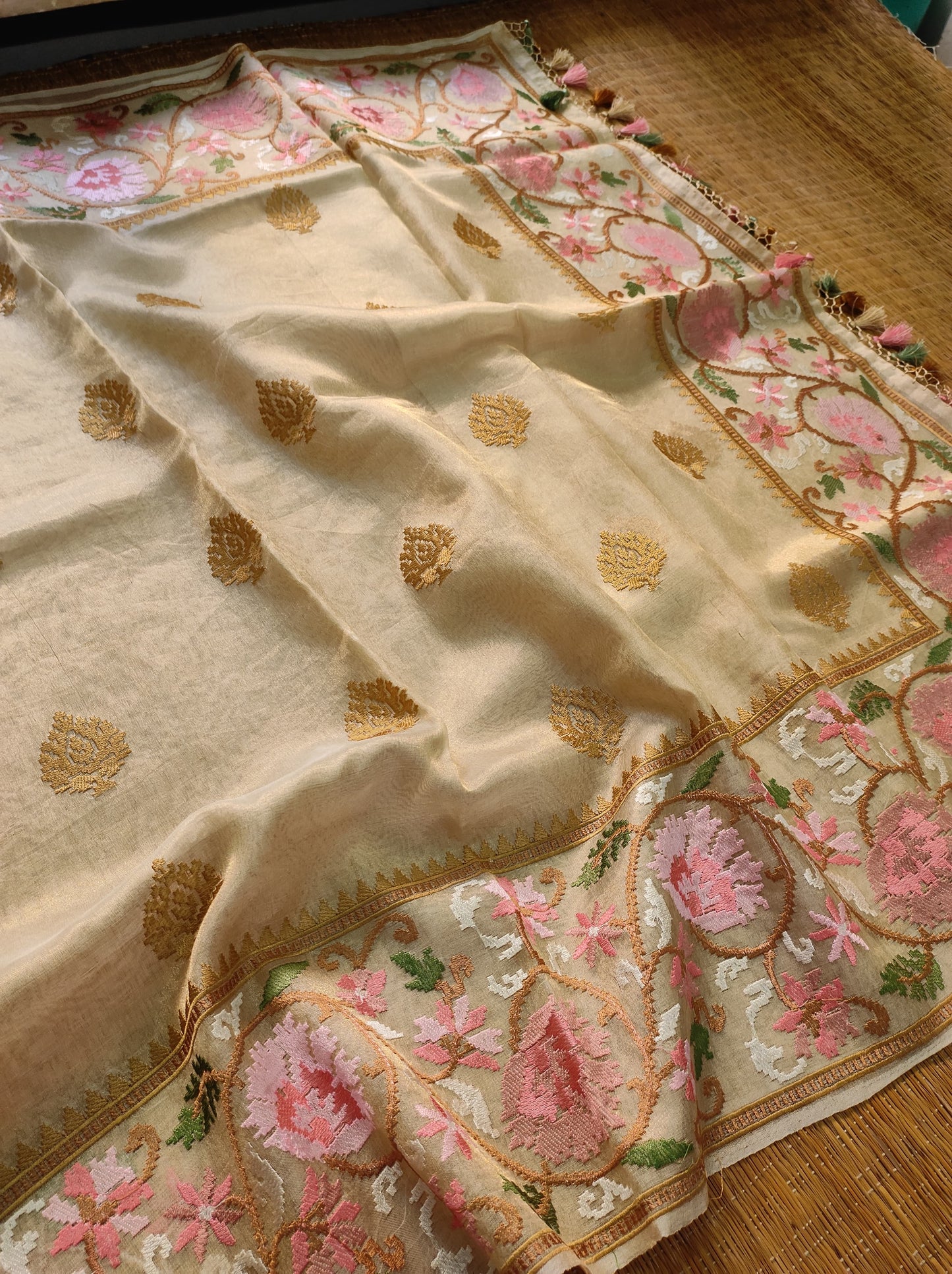 Floral Tissue Silk Embroidery Saree Indian Sari
