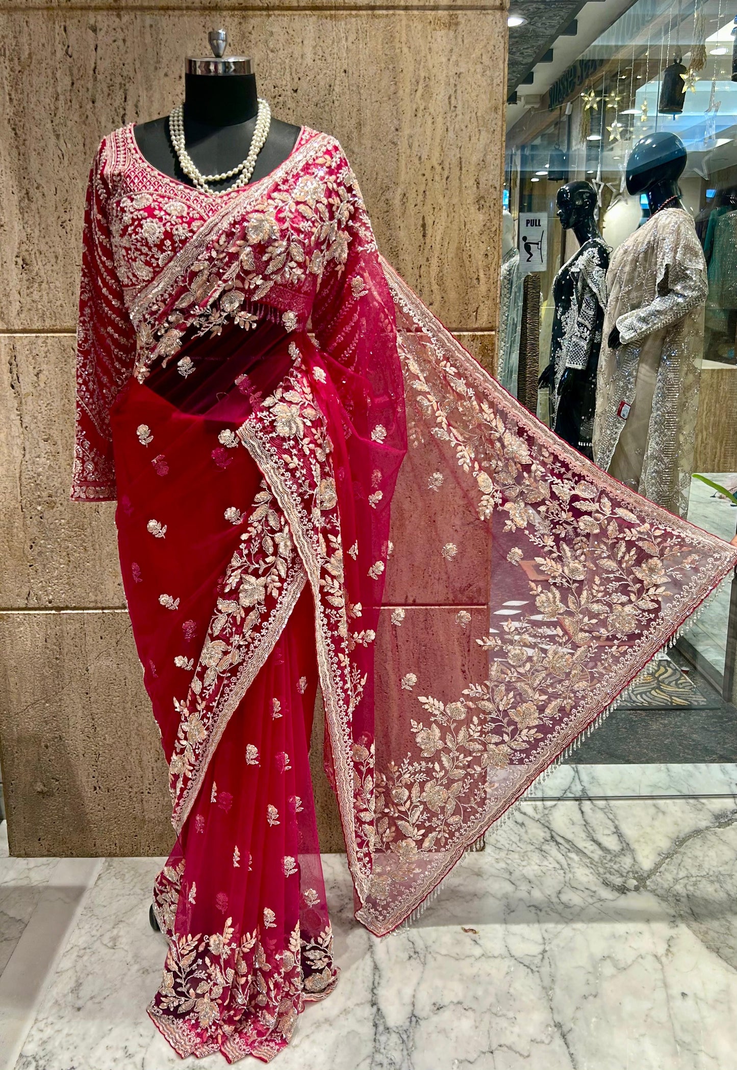 Net designer saree Indian wedding sari blouse women sarees