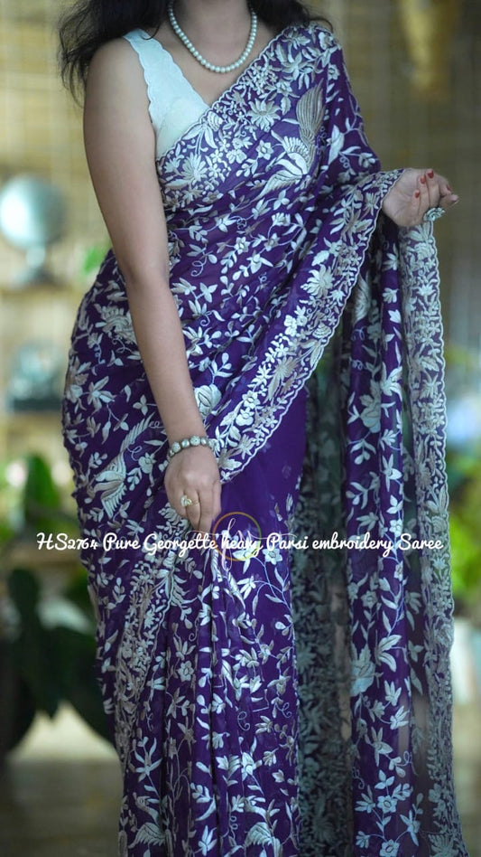 Purple Parsi inspired Saree gorgette saree