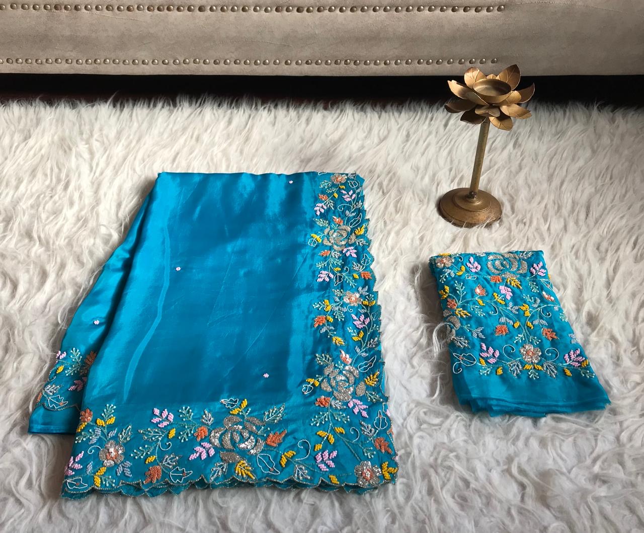 Blue Satin Silk Saree Luxury Organza Sarees