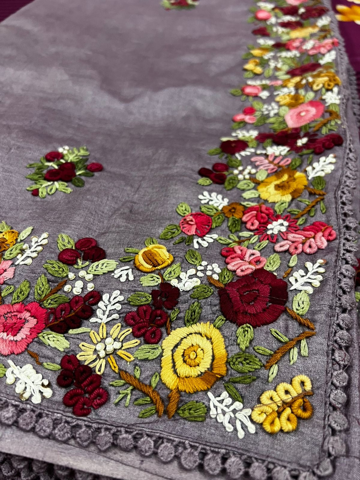 Lavender tussar saree French knot sarees hand embroidered sarees blouse