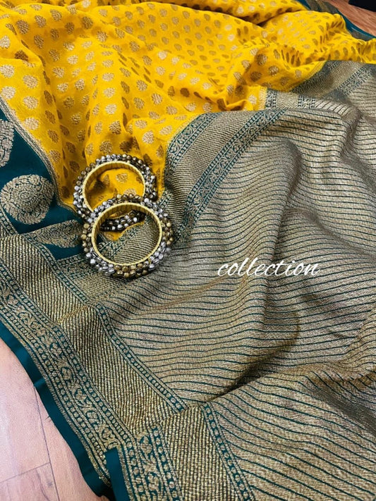 Yellow Banarsi khaddi gorgette sarees Indian saree