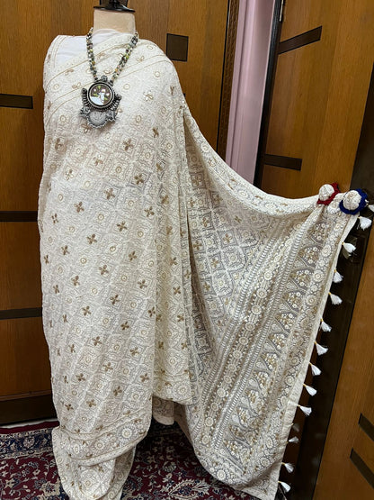 White Chikankari Gottapatti saree Gorgette Saree