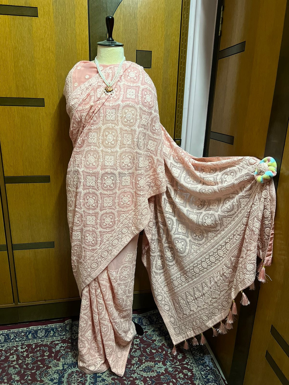 Peach Chikankari Georgette Sarees Indian Pakistani Traditional Sari