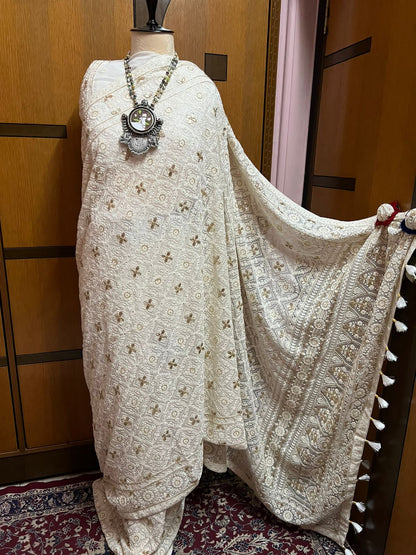 White Chikankari Gottapatti saree Gorgette Saree