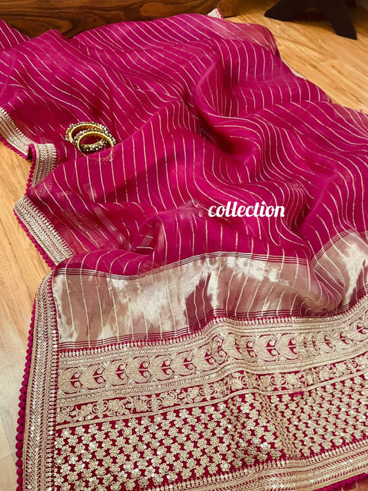 Pink striped organza saree women saree blouse