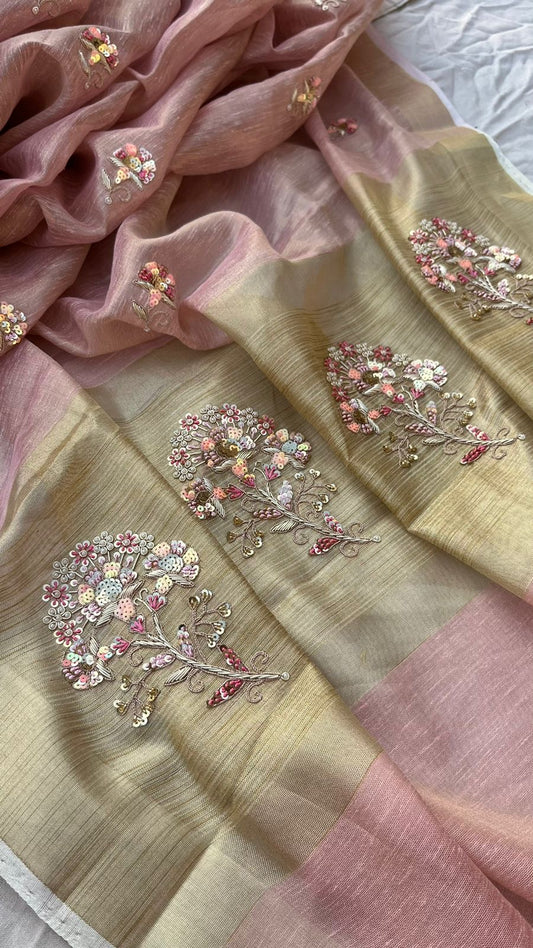 Pink Tissue Linen Silk Banarsi Weaving Sarees