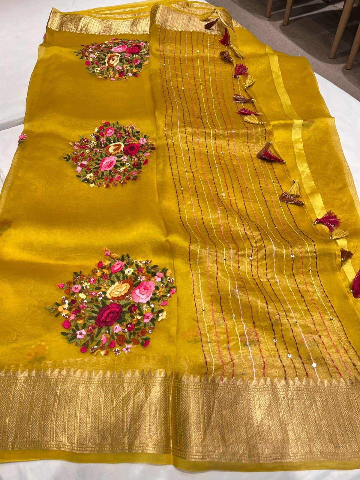 French knot saree organza border saree