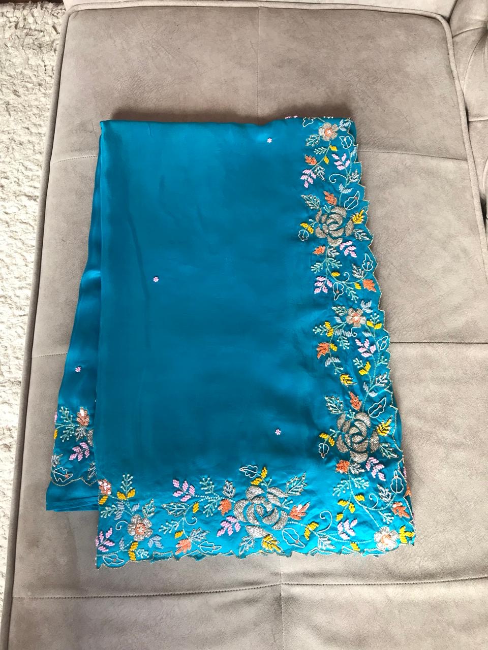 Blue Satin Silk Saree Luxury Organza Sarees