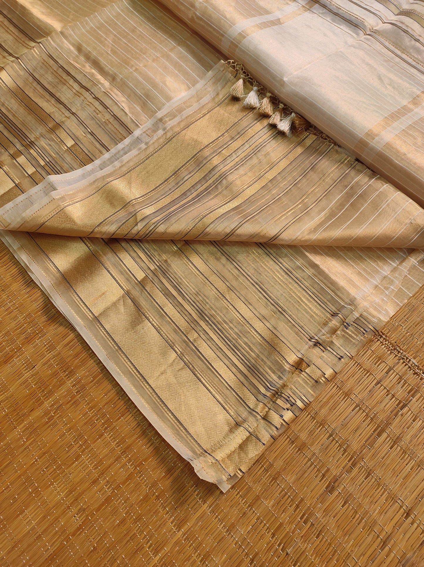 Tissue silk Striped Saree Organza Tassel Saree