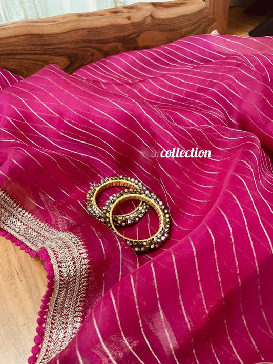 Pink striped organza saree women saree blouse