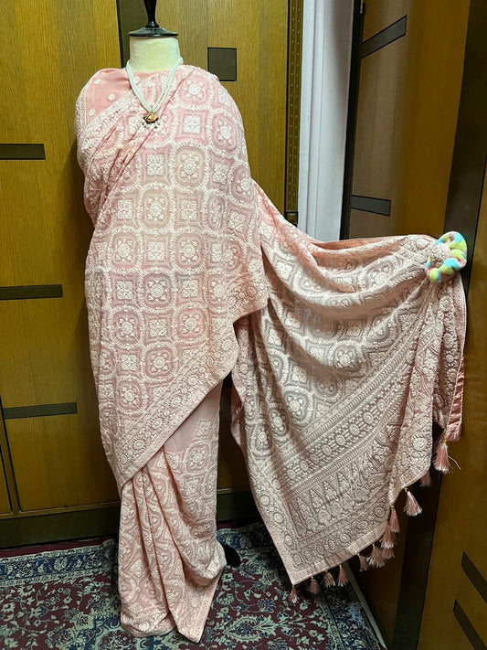 Peach Chikankari Georgette Sarees Indian Pakistani Traditional Sari