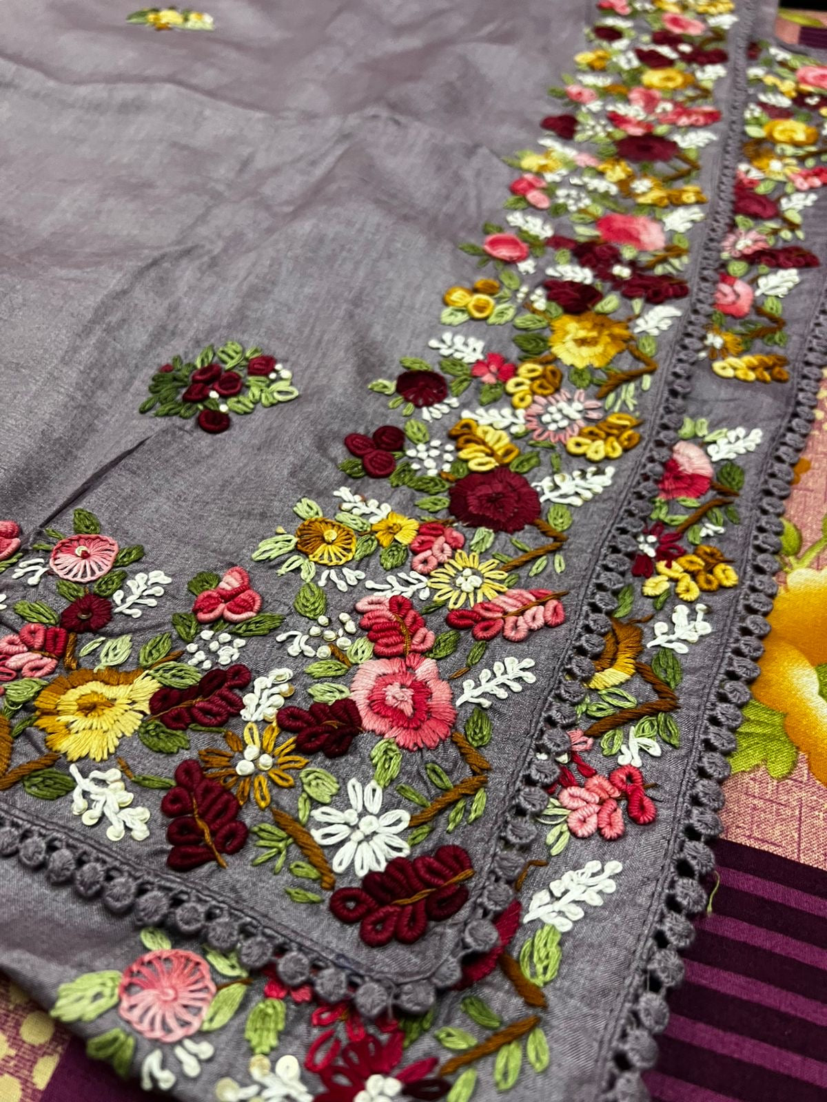 Lavender tussar saree French knot sarees hand embroidered sarees blouse