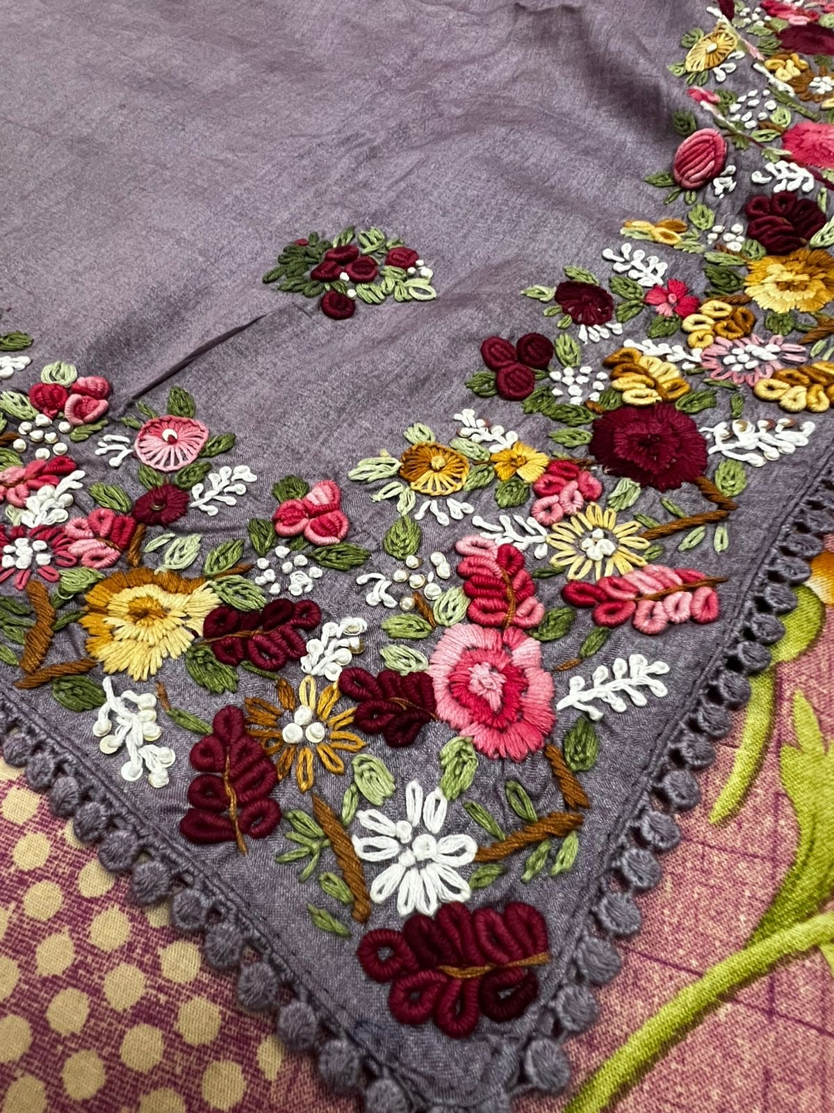 Lavender tussar saree French knot sarees hand embroidered sarees blouse